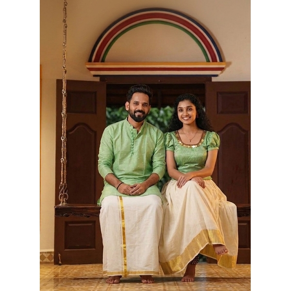 Kerala Kasavu Pattu Pavada Set With Embellished Blouse thumbnail 3