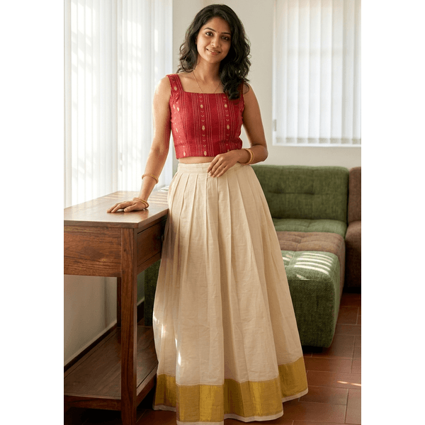 Classic Kasavu Pattu Pavada Set With Woven Crimson Top