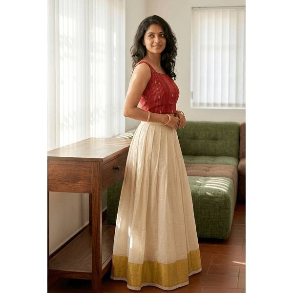 Classic Kasavu Pattu Pavada Set With Woven Crimson Top thumbnail 3