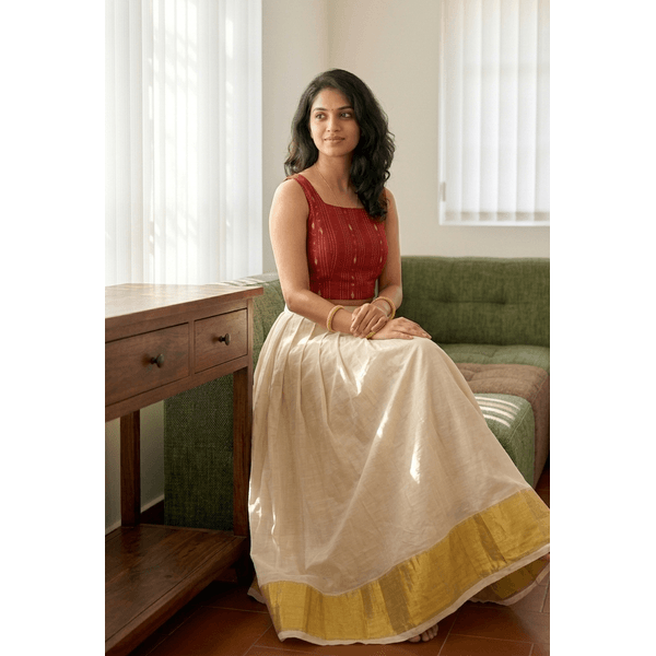 Classic Kasavu Pattu Pavada Set With Woven Crimson Top thumbnail 2