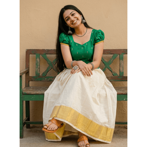 Emerald Woven Blouse With Traditional Kasavu Pattu Pavada Set