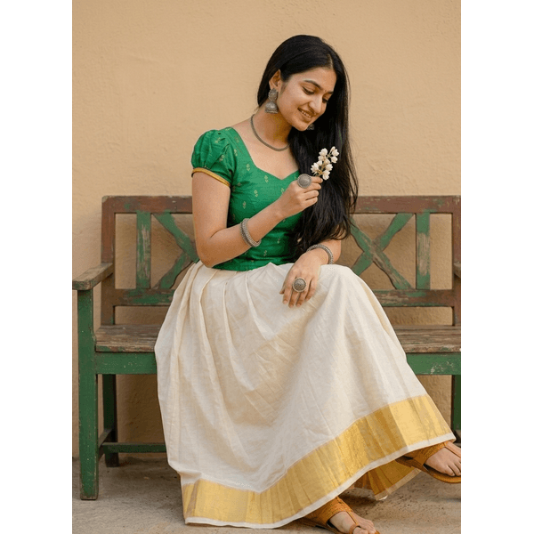 Emerald Woven Blouse With Traditional Kasavu Pattu Pavada Set thumbnail 3