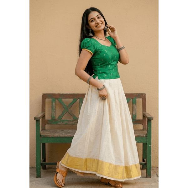 Emerald Woven Blouse With Traditional Kasavu Pattu Pavada Set - image 2