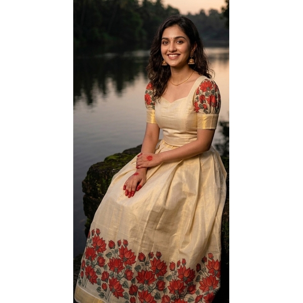 Lotus Bloom Kerala Kasavu Pattu Pavada Set