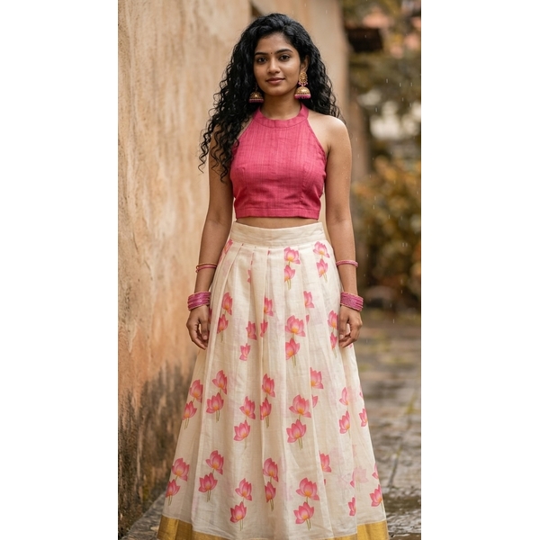 Halter Neck Kerala Kasavu Pattu Pavada Set