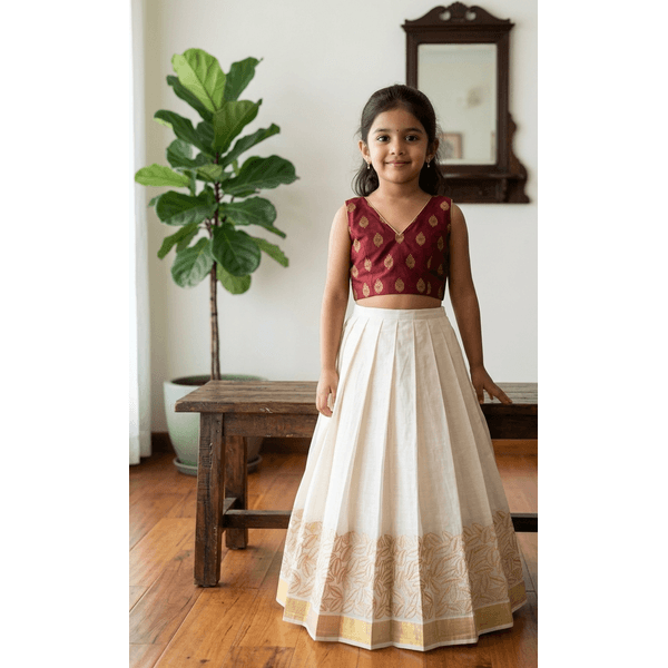 Classic Meroon Kasavu Skirt Set