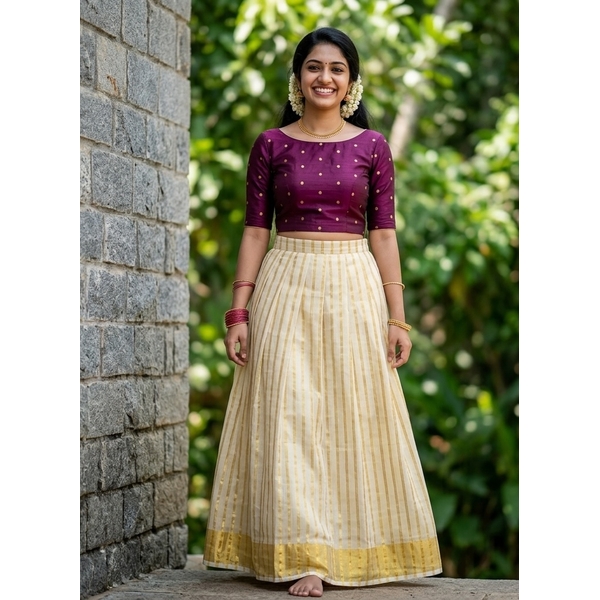 Classic Purple Polka Kasavu Skirt Set