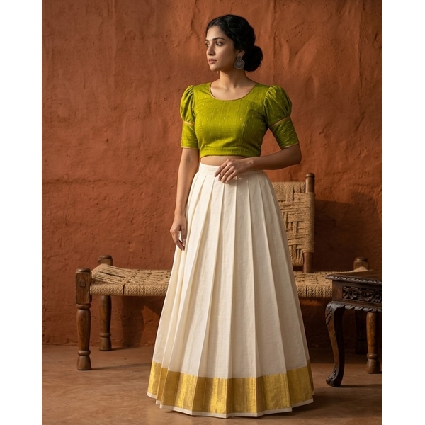Classic Green Kasavu Skirt Set