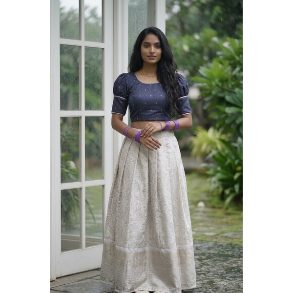 Silver Kasavu Skirt Set