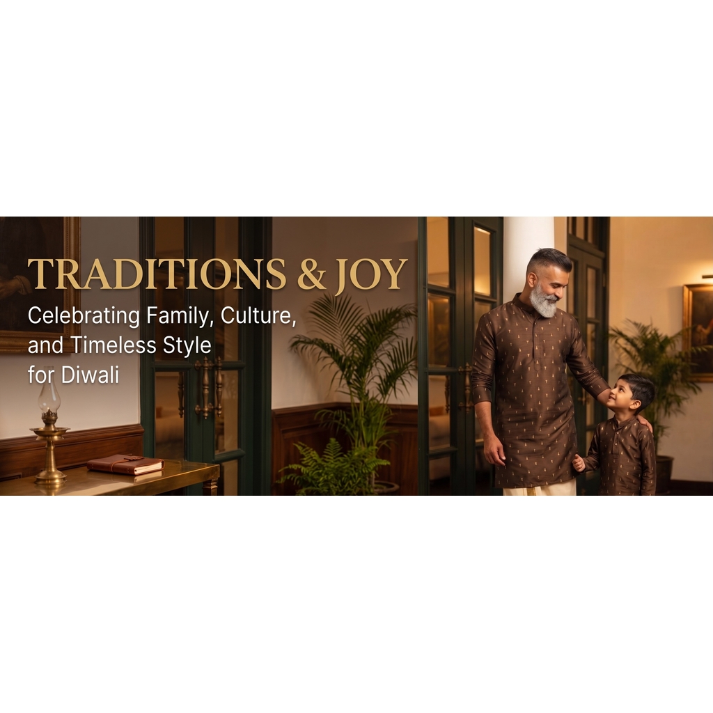 Father and son wearing coordinated festive kurtas for Diwali