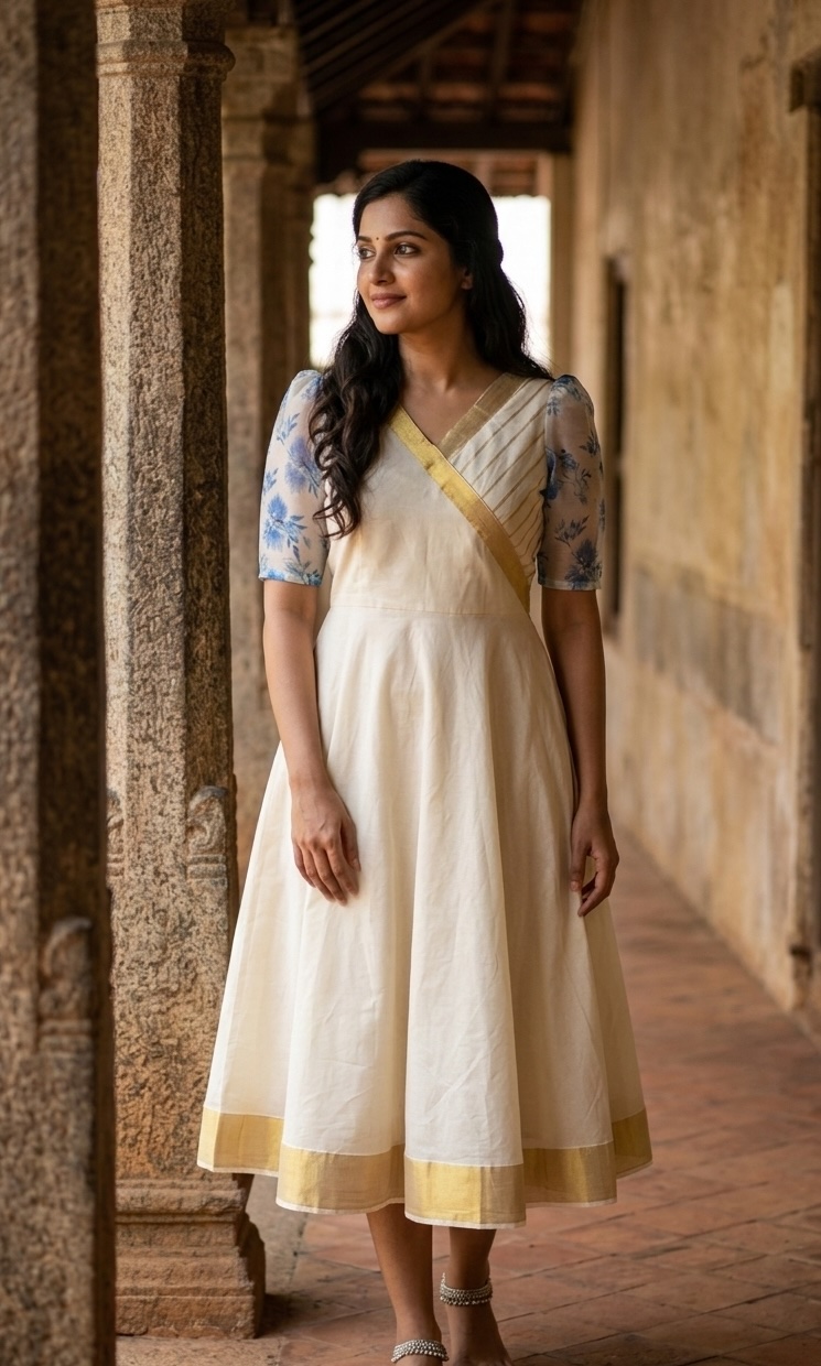 Kasavu Midi Dress With Organza Sleeves