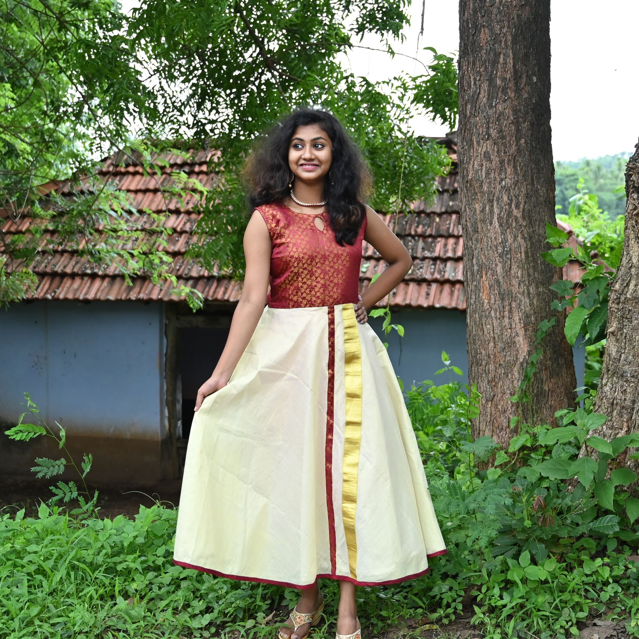 chinese dress ladies Kids Kerala Kasavu Skirt & Top Online main image 1