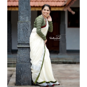 Cotton Kasavu Half Saree Material With Ikat Blouse