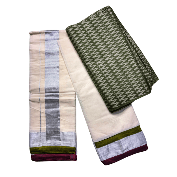 Cotton Kasavu Half Saree Material With Ikat Blouse thumbnail 2