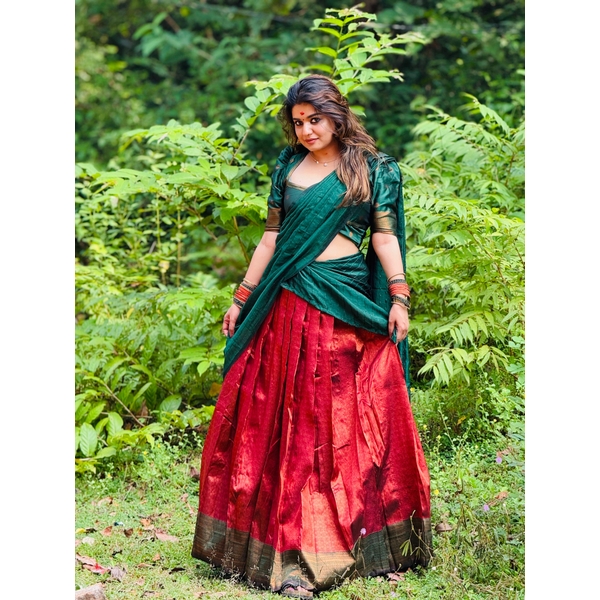 Blended Silk Half Saree Material Red And Green thumbnail 7