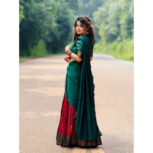 Blended Silk Half Saree Material Red And Green thumbnail 6