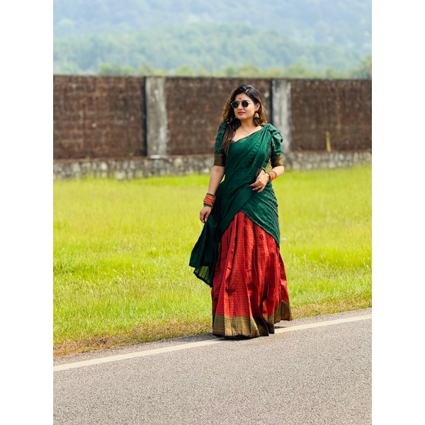 Blended Silk Half Saree Material Red And Green thumbnail 5