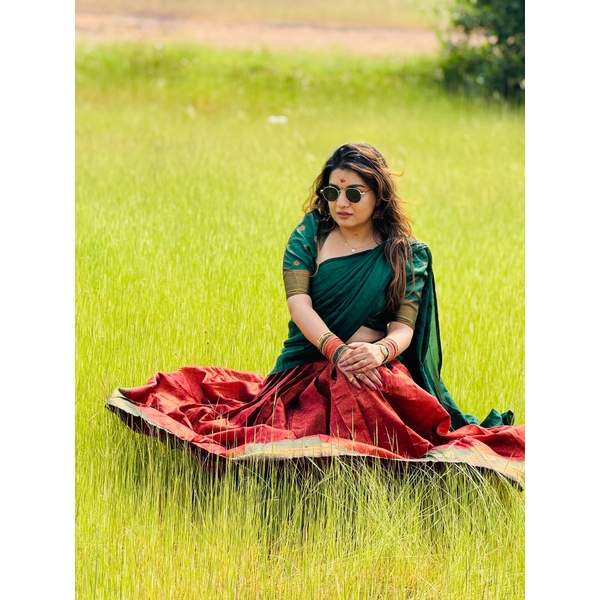 Blended Silk Half Saree Material Red And Green - image 4