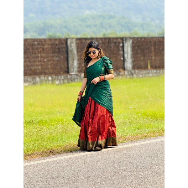 Blended Silk Half Saree Material Red And Green thumbnail 3