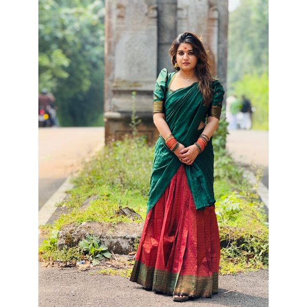 Blended Silk Half Saree Material Red And Green - image 2