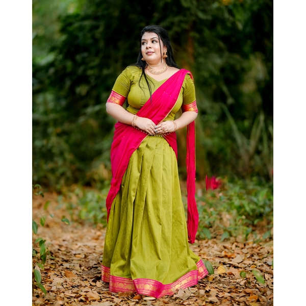 Blended Silk Mehendi Green And Pink Halfsaree Material thumbnail 2