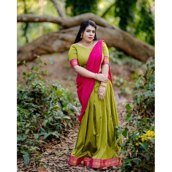 Blended Silk Mehendi Green And Pink Halfsaree Material - image 1