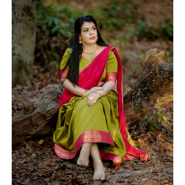 Blended Silk Mehendi Green And Pink Halfsaree Material - image 4