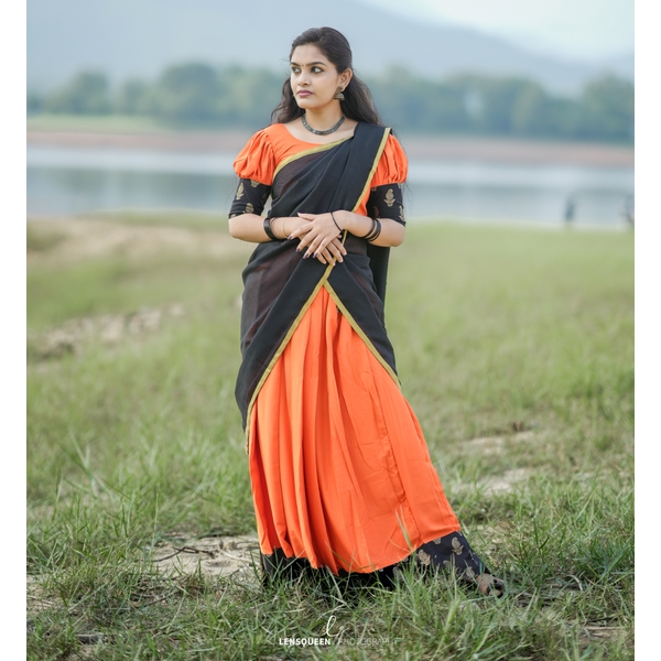 Vintage Charm Burnt Orange And Black Half Saree - image 2