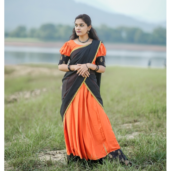 Vintage Charm Burnt Orange And Black Half Saree thumbnail 3
