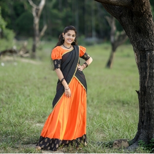 Vintage Charm Burnt Orange And Black Half Saree
