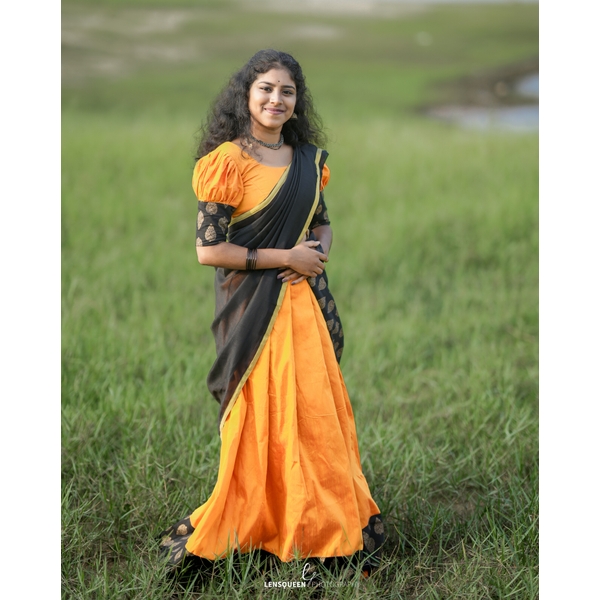 Vintage Charm Golden Yellow And Black Half Saree thumbnail 3