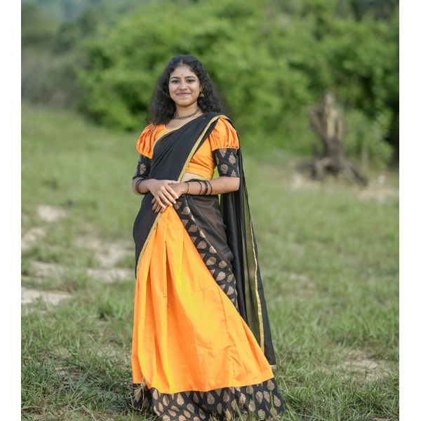 Vintage Charm Golden Yellow And Black Half Saree thumbnail 4