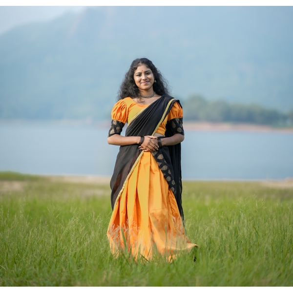 Vintage Charm Golden Yellow And Black Half Saree thumbnail 5