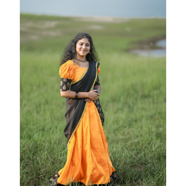 Vintage Charm Golden Yellow And Black Half Saree - image 2