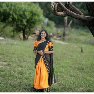Vintage Charm Golden Yellow And Black Half Saree