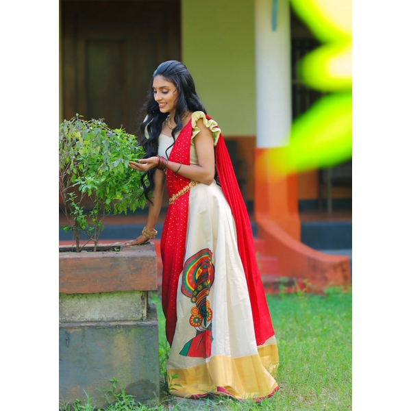Kasavu Half Saree Material With Kathakali Portrait - image 5