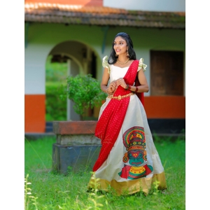 Kasavu Half Saree Material With Kathakali Portrait