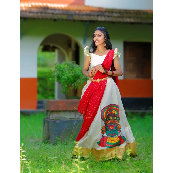 Kasavu Half Saree Material With Kathakali Portrait - image 1