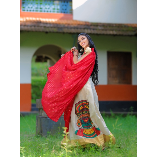 Kasavu Half Saree Material With Kathakali Portrait - image 3