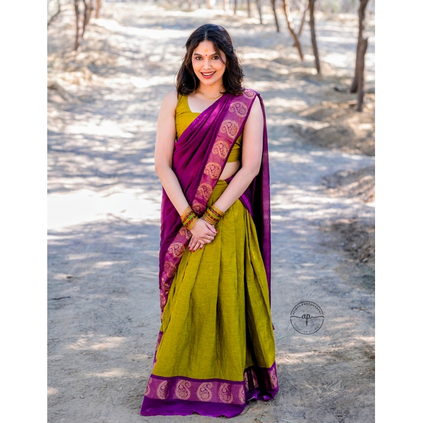 Olive Green And Plum Purple Half Saree Material - image 5