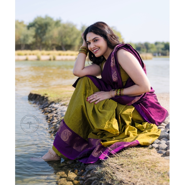 Olive Green And Plum Purple Half Saree Material - image 3