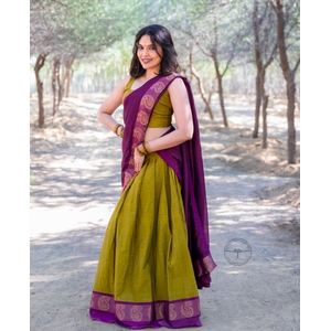 Olive Green And Plum Purple Half Saree Material