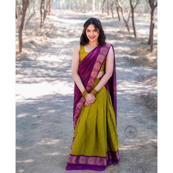 Olive Green And Plum Purple Half Saree Material - image 4