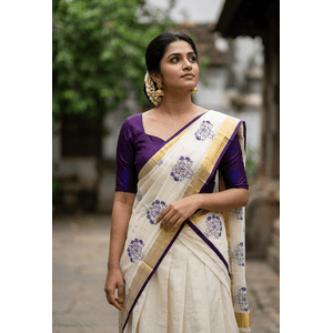 Traditional Kerala Kasavu Davani Material With Hand Block Prints