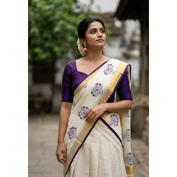 Onam Special Traditional Kerala Kasavu Davani Material With Hand Block Prints