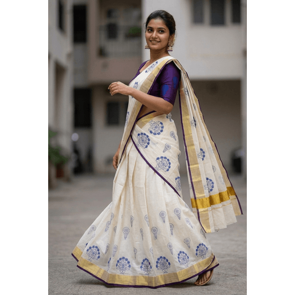 Traditional Kerala Kasavu Davani Material With Hand Block Prints - image 2