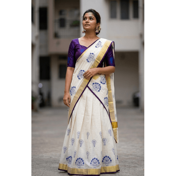 Traditional Kerala Kasavu Davani Material With Hand Block Prints - image 4