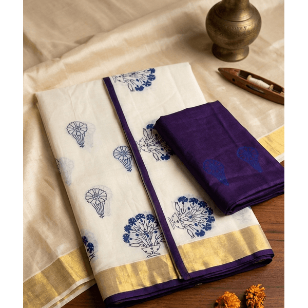 Traditional Kerala Kasavu Davani Material With Hand Block Prints - image 3