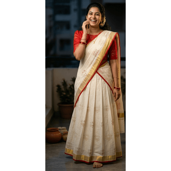 Traditional Kerala Kasavu Davani Material With Hand Block Prints - image 2
