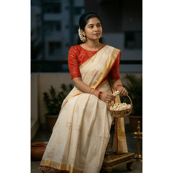 Onam Special Traditional Kerala Kasavu Davani Material With Hand Block Prints